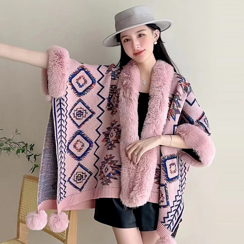 Wholesale Western Style Aztec Fur Ball Shawl Polyester Silk Cape Cape Cardigan Jacket
